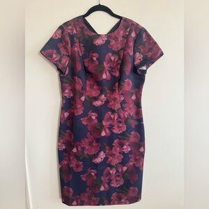 Brooks Brothers Navy Midi Sheath Dress with Magenta Floral Print